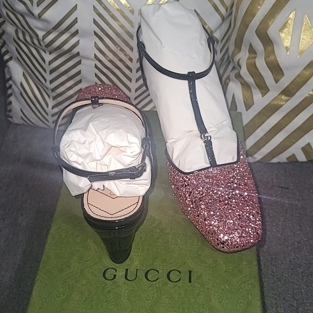 GUCCI Women Gucci Double G Logo Glitter T-Strap Pumps w/ Tags